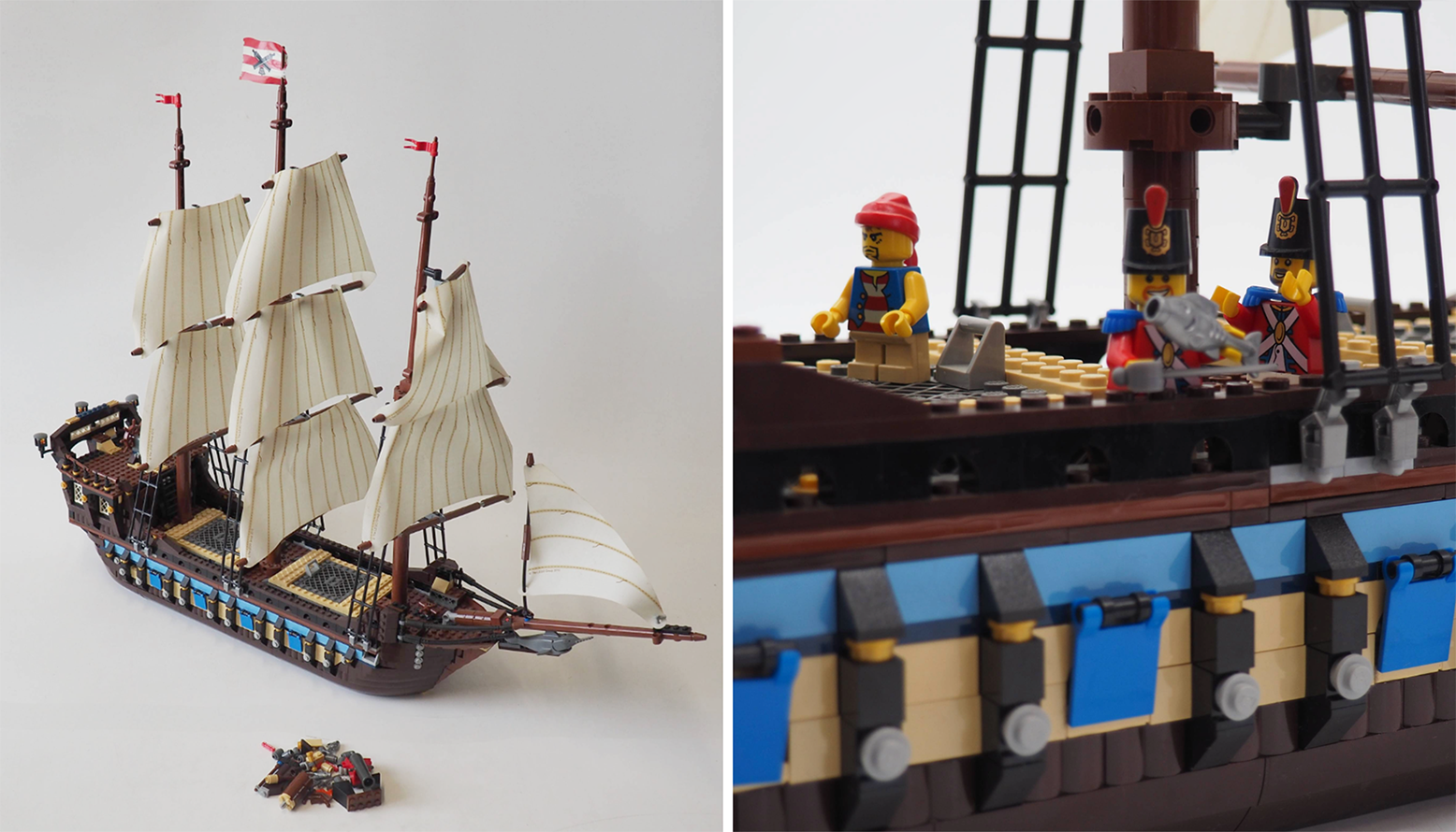 A built LEGO® pirate ship and a close up of its crew.png
