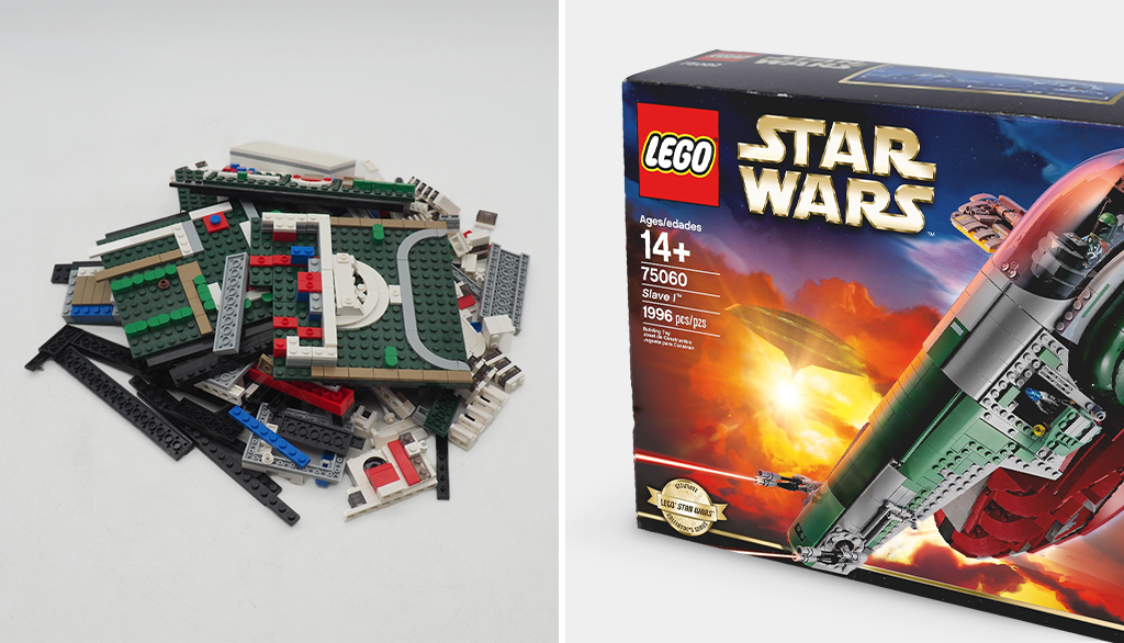 A pile of LEGO® pieces next to a LEGO® Star Wars box.png