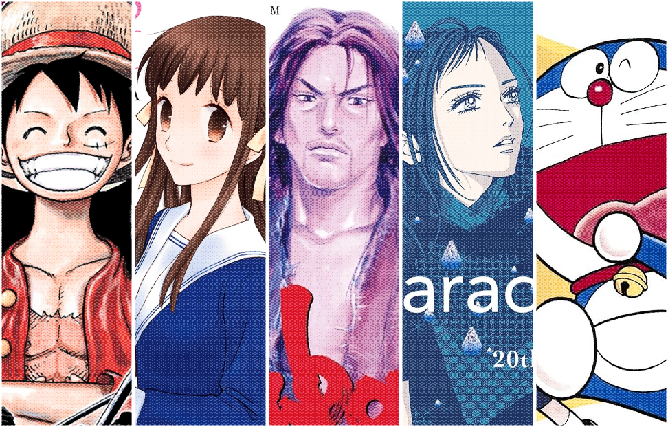 A split image containing 5 different characters from different manga series.png