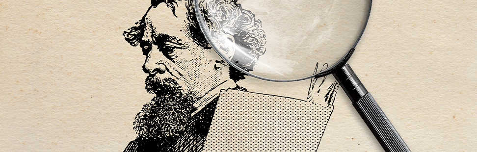 Hand drawn picture of Charles Dickens through a magnifying glass banner image.png