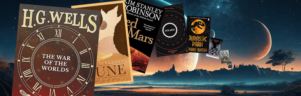 Image of fantasy planet with moons in the sky and popular sci fi book covers.png