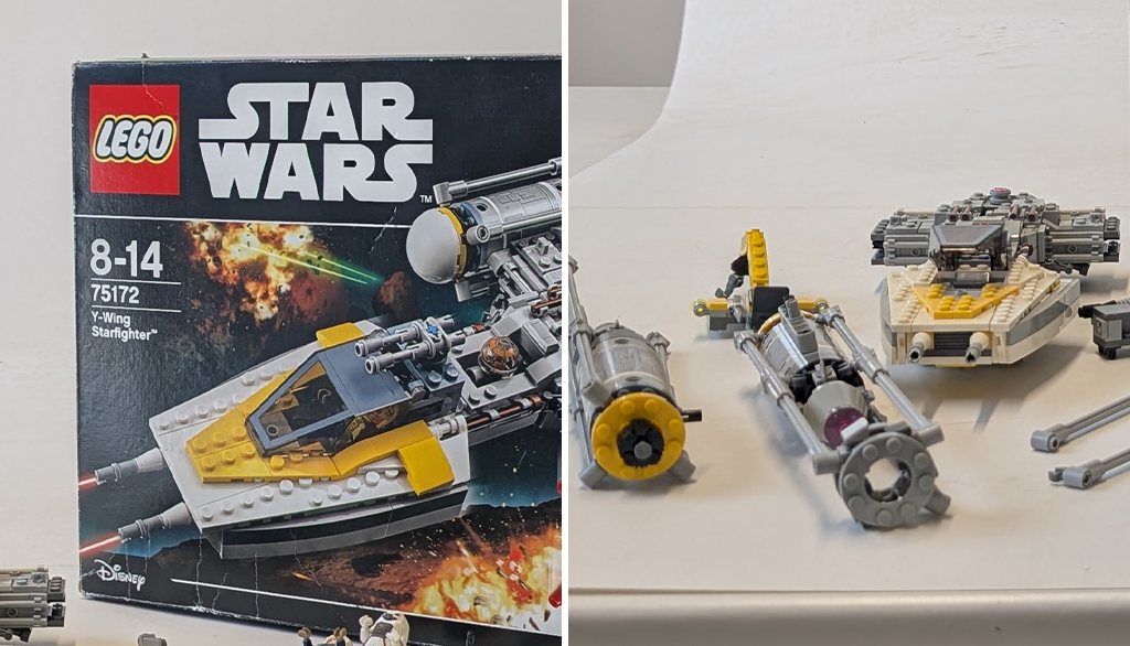 Parts of a LEGO® space ship next to a tattered LEGO® box.png