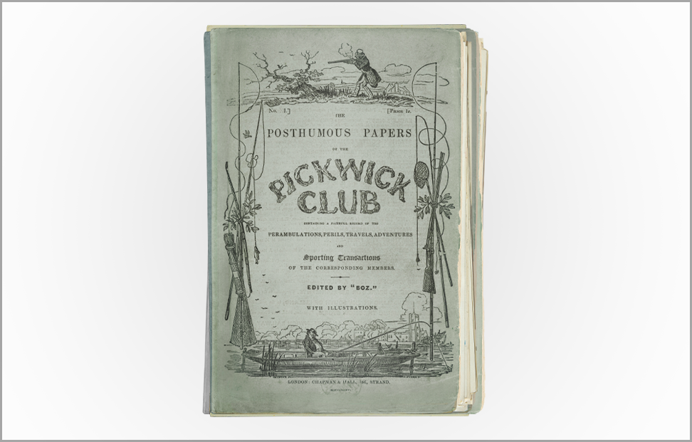 Pickwick Papers by Charles Dickens first edition book cover.png